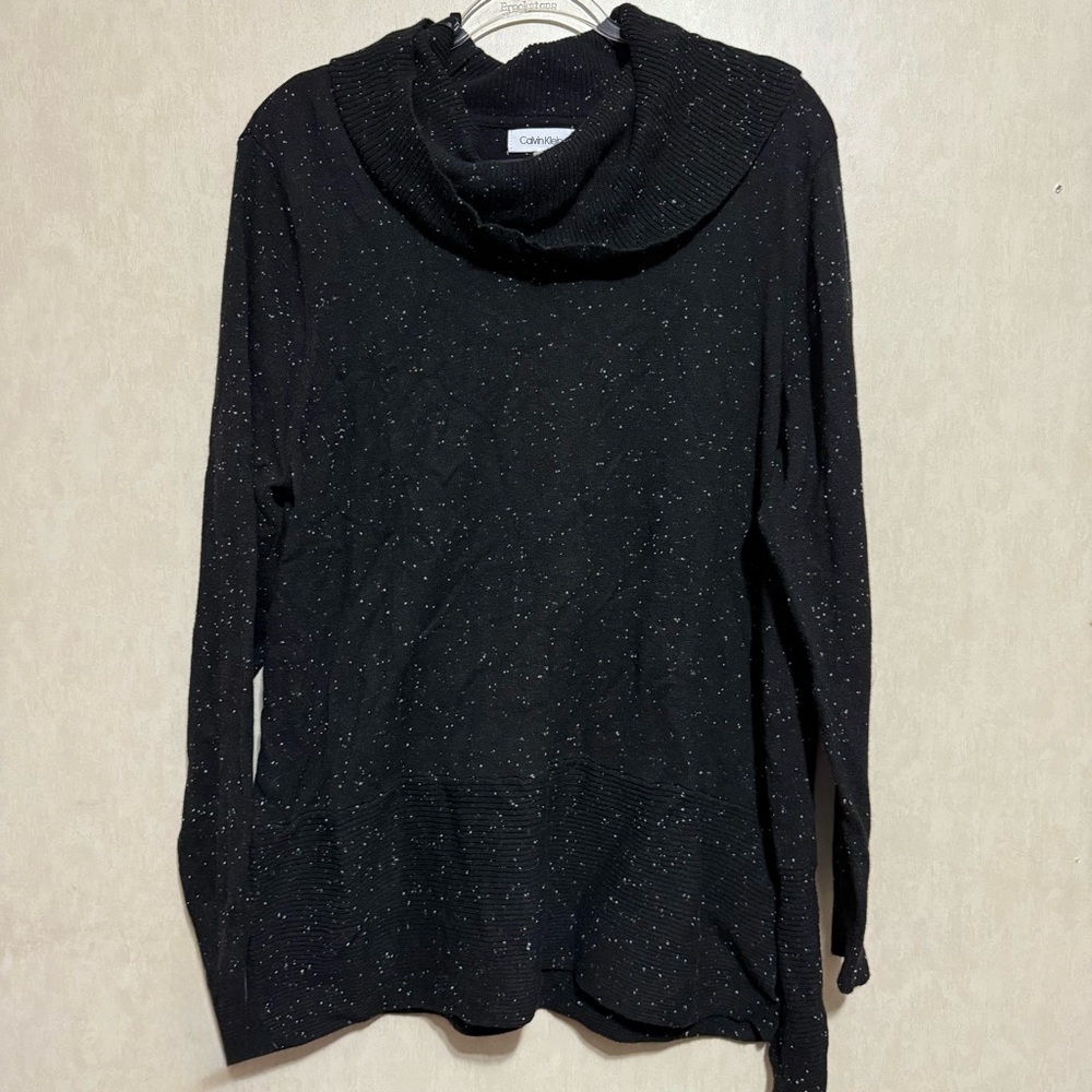 Calvin Klein Black White Speckled Cowl Neck Wool Blend Sweater